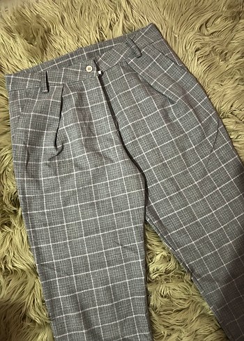 Gri Ekose Pilili Midi Kumaş Pantolon - Görsel 2