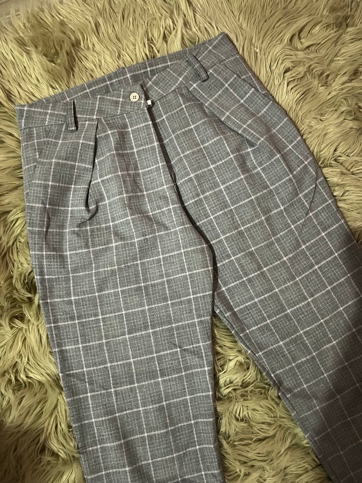 Gri Ekose Pilili Midi Kumaş Pantolon - Görsel 2