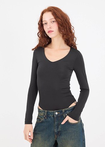 V Yaka Uzun Kollu Siyah L Beden Basic Bodysuit
