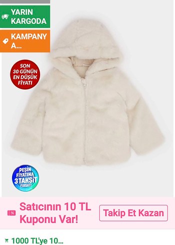 beyaz Kapüşonlu Kız cocuk Peluş Mont - Görsel 7