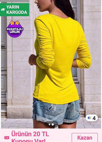 Sarı Uzun Kollu V Yaka Kadın Bluz..tşört l..xl uyumlu - Görsel 2