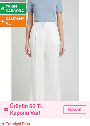Beyaz Midi Kumaş Pantolon, Kemerli, Rahat Kesim - Görsel 2