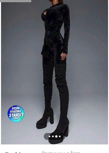 Siyah Süet Uzun Kollu Midi Tulum 46 bedene kadar uyumlu - Görsel 3