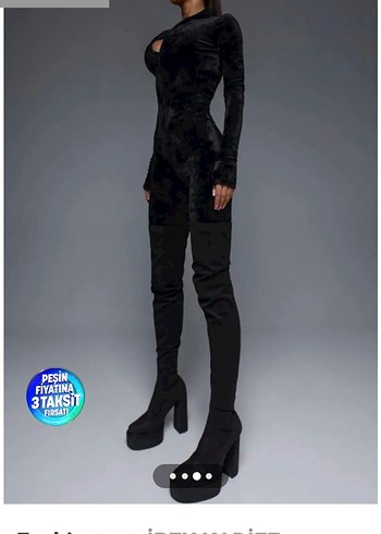 Siyah Süet Uzun Kollu Midi Tulum 46 bedene kadar uyumlu - Görsel 2