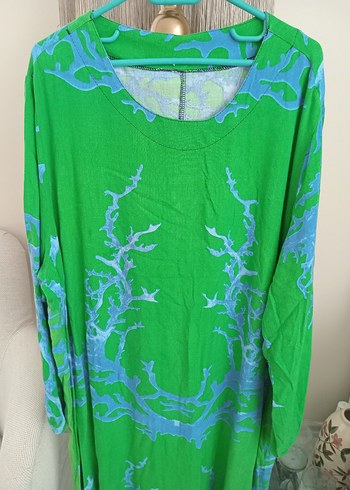 Uzun Kollu Yeşil Batik Desenli Kadın Elbise