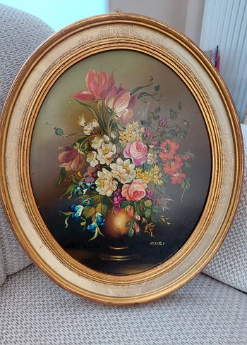 American Vintage Vintage Yagli Boya Oval Cicek Tablosu