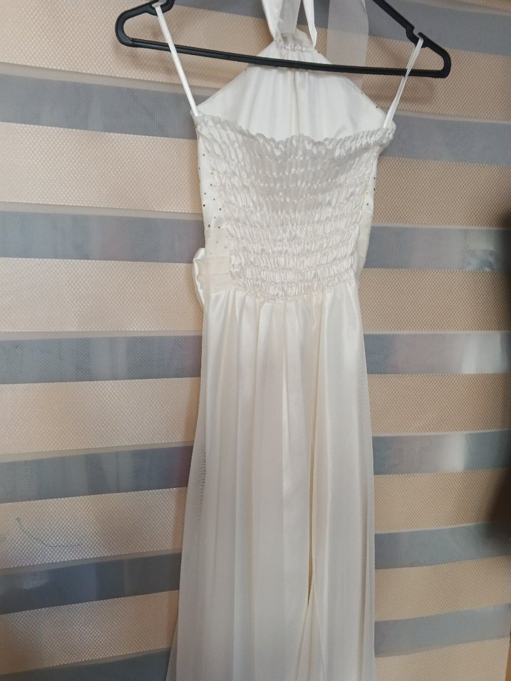 Beyaz Uzun Drapeli Straplez Kadın Abiye - Görsel 3