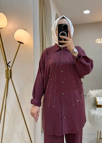 Düğmeli Bordo Kadın Tunik takım tensel kumaş - Görsel 3