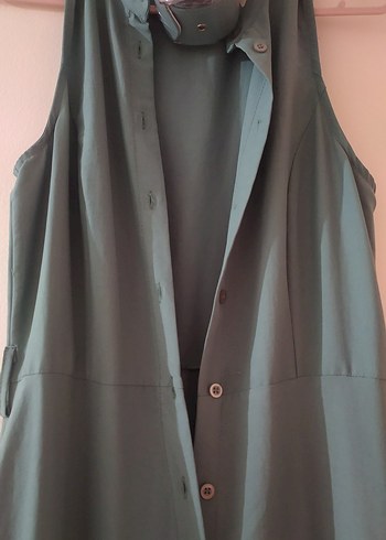 Düğmeli kalın kemerli Uzun Turkuaz Kadın Elbise - Görsel 2