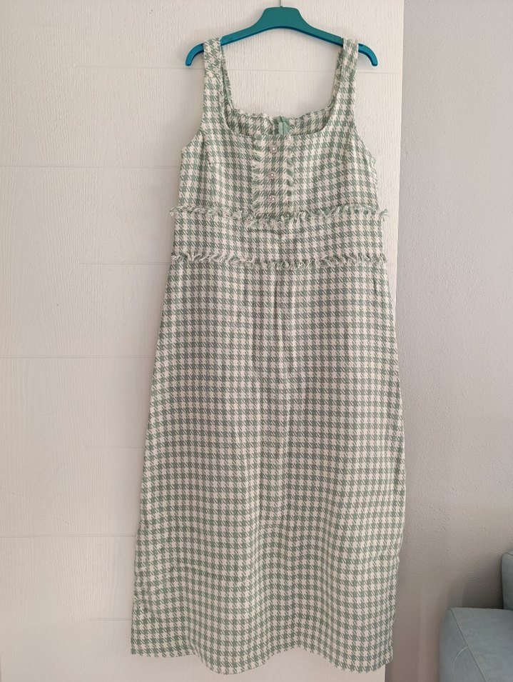 Yeşil Ekose Düğmeli Jile Uzun Elbise - Görsel 2