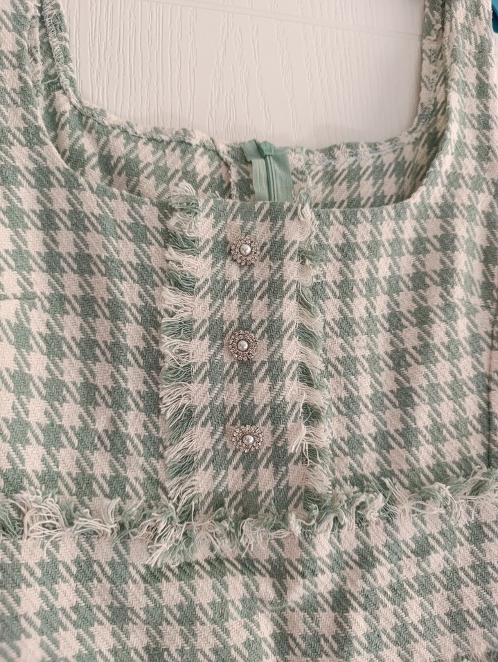 Yeşil Ekose Düğmeli Jile Uzun Elbise - Görsel 4