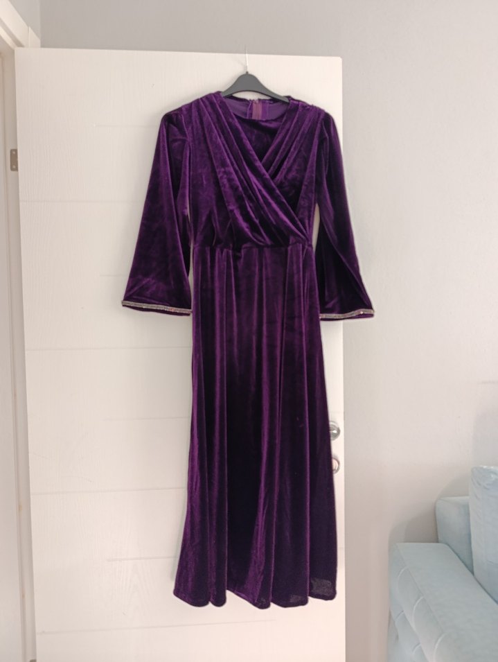 Mor Kadın Uzun Kadife Elbise - Görsel 2