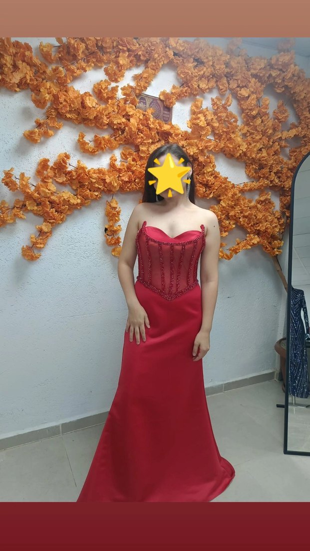 Kırmızı Straplez Uzun Drapeli Kadın Abiye özel dikim  - Görsel 3