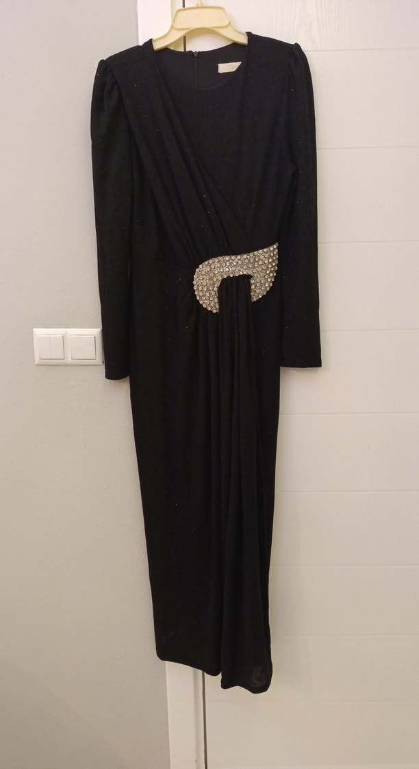 Uzun Kollu Siyah Drapeli Abiye Elbise - Görsel 3