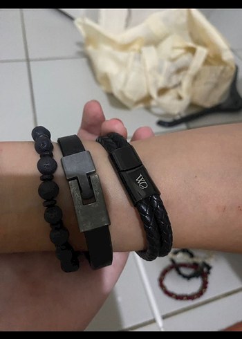 Erkek Siyah Deri ve Boncuk Bileklik Seti - Görsel 3