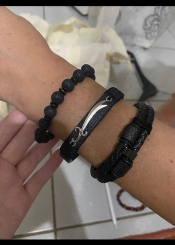 Erkek Siyah Deri ve Boncuk Bileklik Seti - Görsel 2