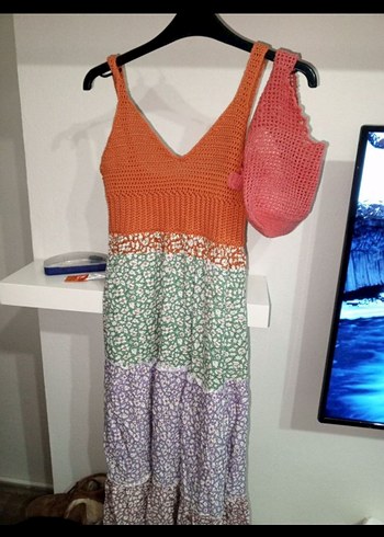 Bohem Çok Renkli Örgü Uzun Elbise - Görsel 2