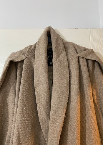 Bej Keten Uzun Drapeli Kadın Kaban - Görsel 3