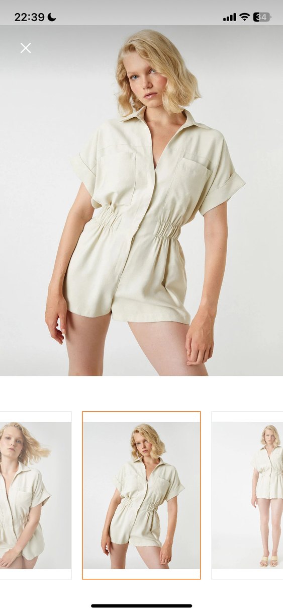 Bej Keten Mini Tulum, Kısa Kollu, V Yaka - Görsel 3