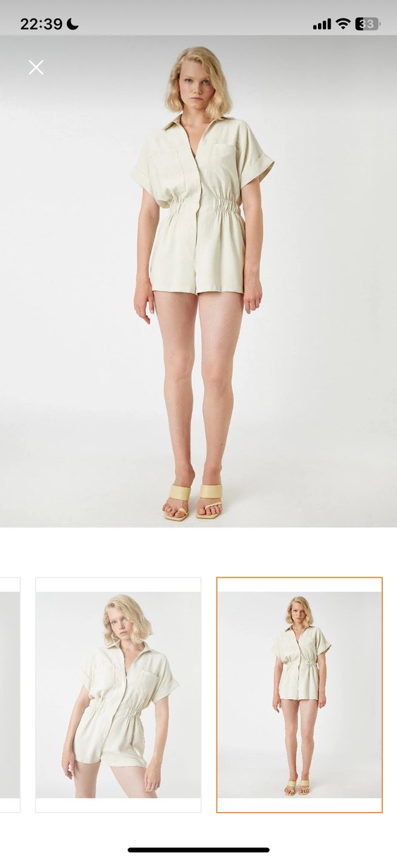 Bej Keten Mini Tulum, Kısa Kollu, V Yaka - Görsel 2