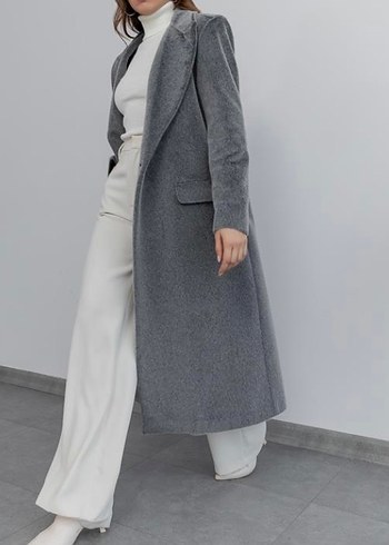 Gri uzun kaşmir dokulu uzun kaban - Görsel 13