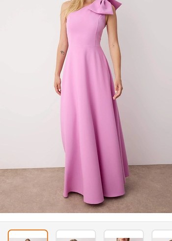 Pembe Uzun Askılı fiyonklu tek omuz Elbise - Görsel 2