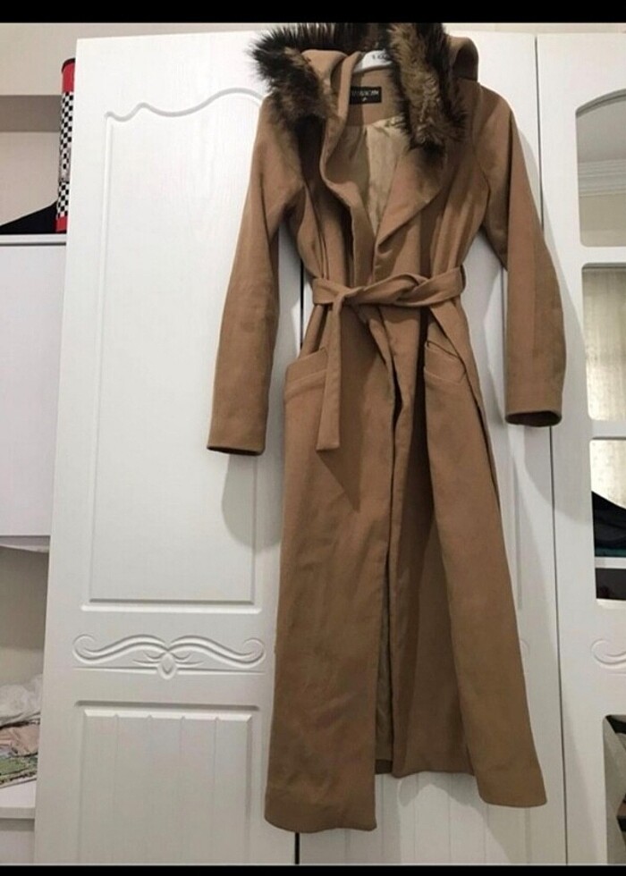 Camel uzun kuşaklı şapkalı manto bornoz model kaban - Görsel 2