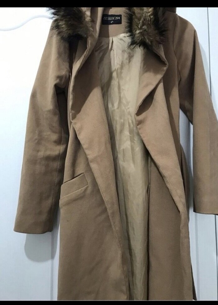 Camel uzun kuşaklı şapkalı manto bornoz model kaban - Görsel 4