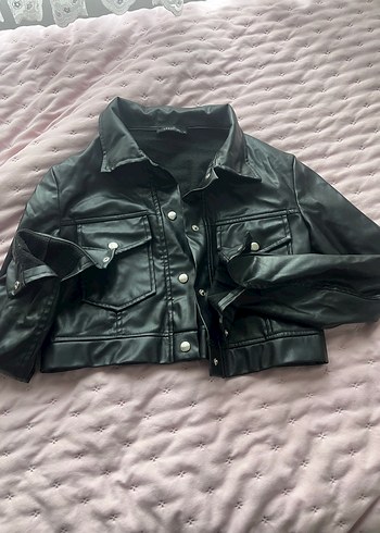 Düğmeli Siyah Deri Kadın Ceket - Görsel 7