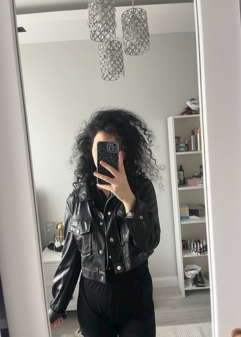 Düğmeli Siyah Deri Kadın Ceket - Görsel 3