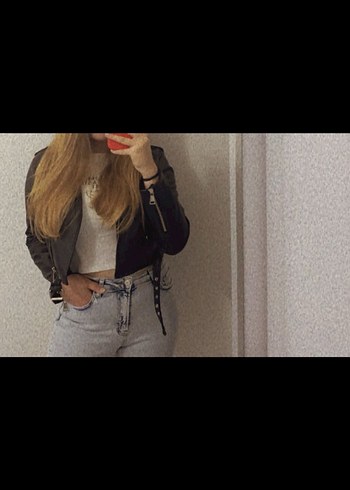 Siyah Deri Biker Ceket Kemerli - Görsel 3