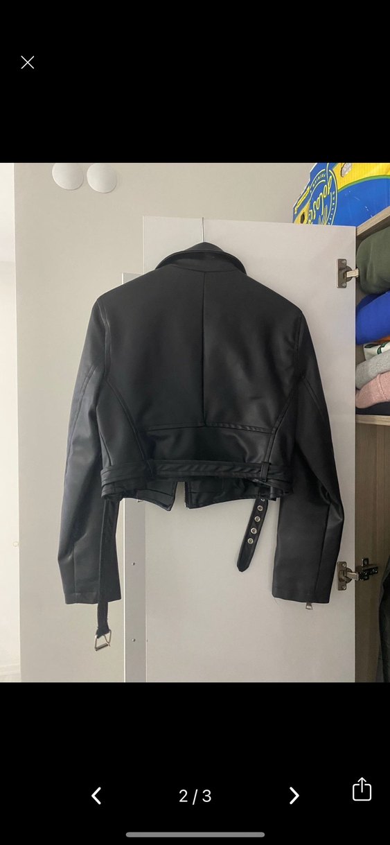 Siyah Deri Biker Ceket Kemerli - Görsel 2