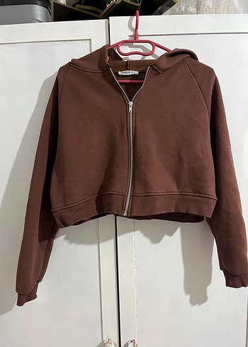 Kahverengi Kapüşonlu Fermuarlı Sweatshirt