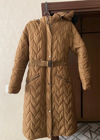 Kemerli Bej Kadın Uzun Kışlık Mont - Görsel 2