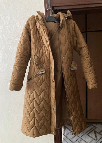 Kemerli Bej Kadın Uzun Kışlık Mont - Görsel 4