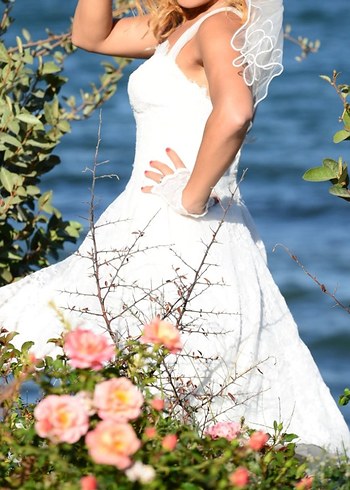 Dantel Detaylı Straplez orta Mini Vintage Gelinlik - Görsel 7