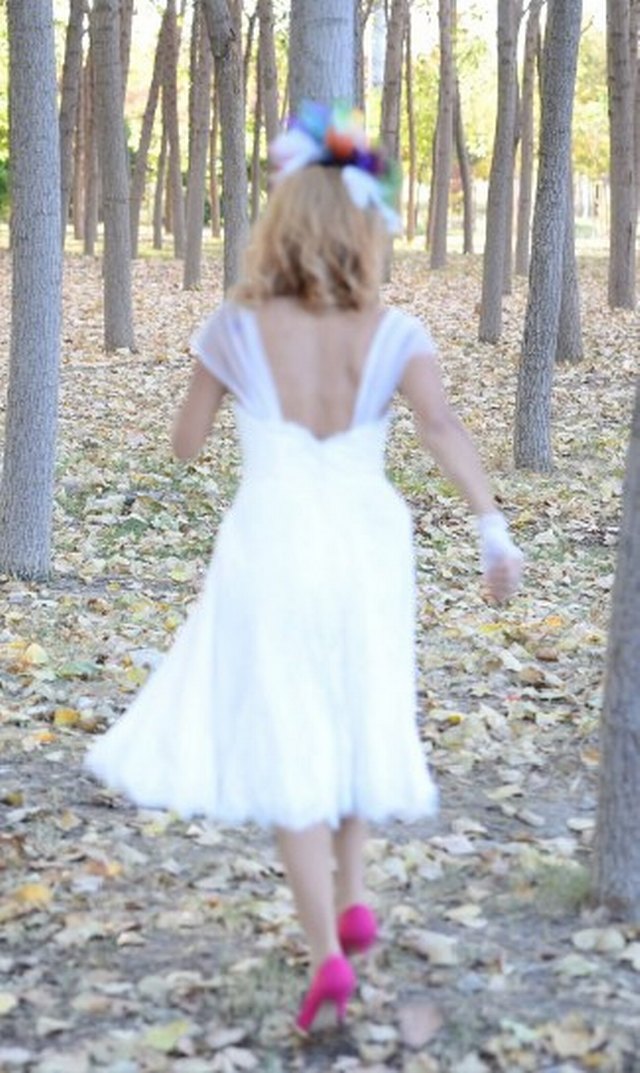 Dantel Detaylı Straplez orta Mini Vintage Gelinlik - Görsel 2