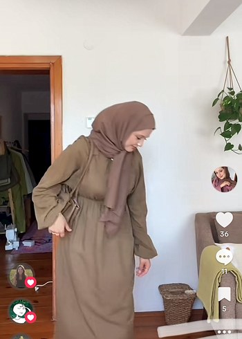 l Beden camel Renk Balon kol tesettür uzun elbise