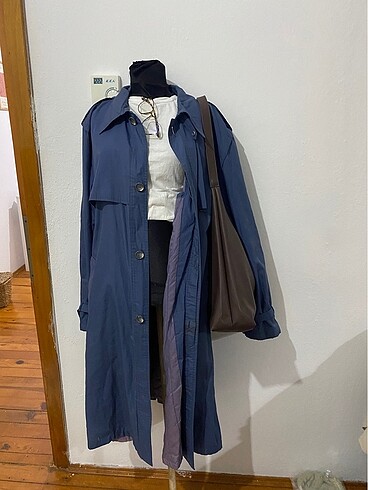 xl Beden lacivert Renk Vintage uzun trençkot