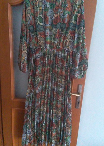 Yılan Desenli Pilili Uzun Kollu Bohem Elbise - Görsel 2