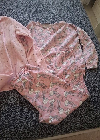 Standart Beden Beden pembe Renk Kız Pembe Pamuklu Uzun Kollu Pijama Takımı