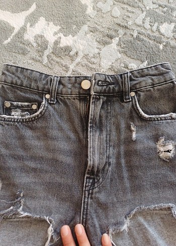 Zara Gri Mini Kot Şort Loose Fit Düğmeli