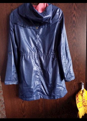 Kadın Mavi Midi Yağmurluk, Kemerli, Uzun Kollu - Görsel 2