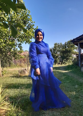 Uzun Kollu Mavi Dökümlü Bohem Kadın Elbisesi
