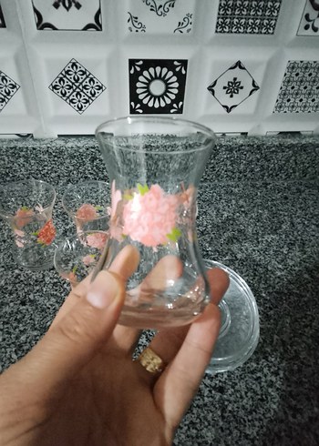 Pembe Çiçek Desenli Cam Bardak Seti - Görsel 2