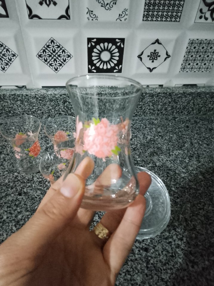 Pembe Çiçek Desenli Cam Bardak Seti - Görsel 2