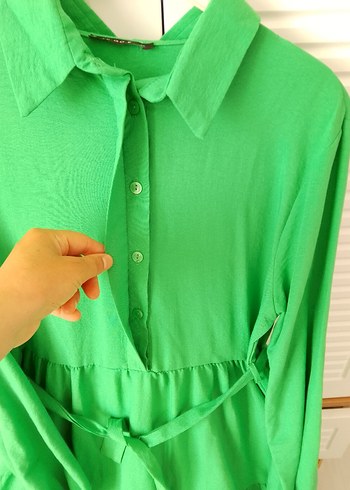 Uzun Kollu Yeşil Keten Elbise - Görsel 4