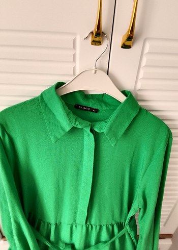 Uzun Kollu Yeşil Keten Elbise - Görsel 5