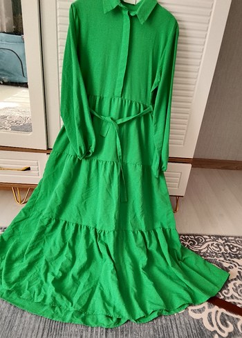 Uzun Kollu Yeşil Keten Elbise - Görsel 2