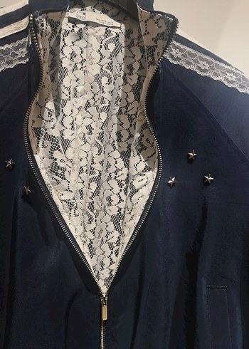 Düğmeli Nakışlı Mavi Kadın Ceket - Görsel 9